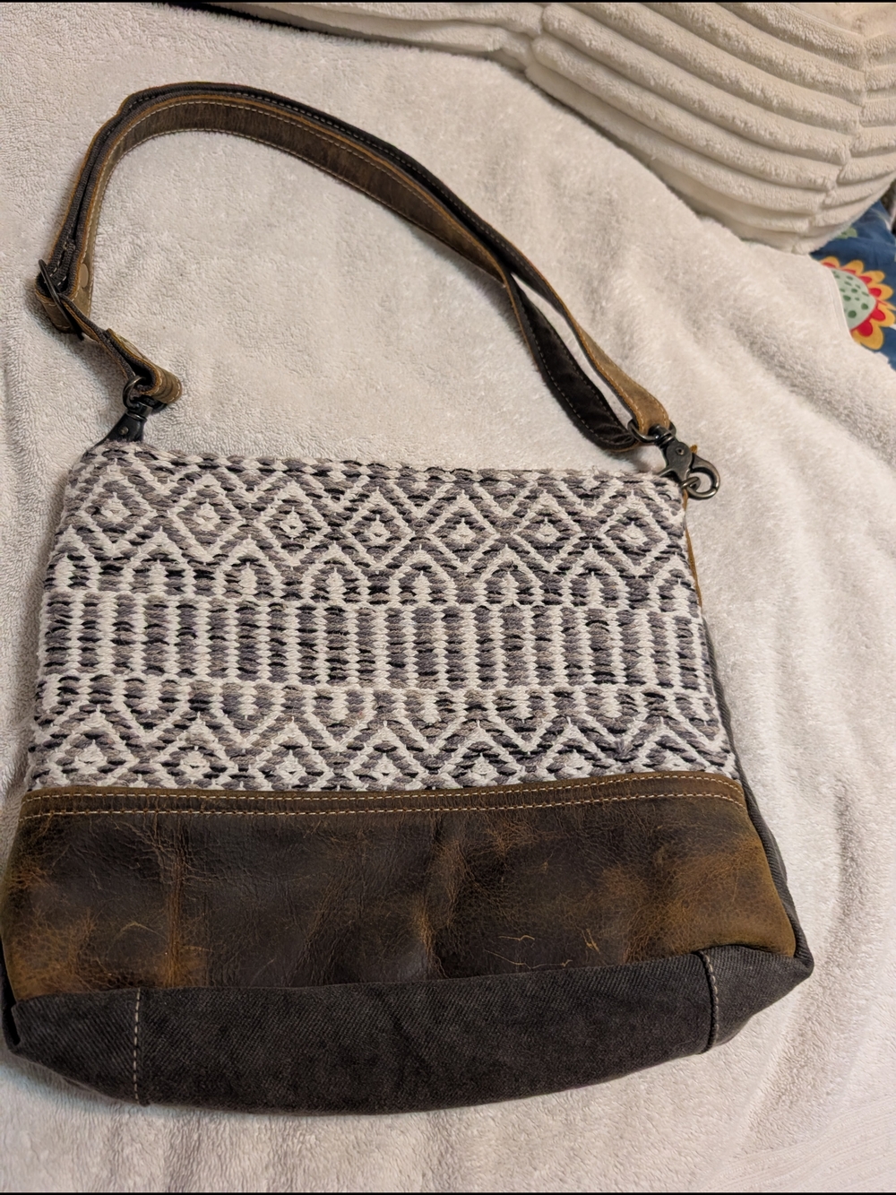 Myra Woven Pattern Canvas and Brown Leather Crossbody